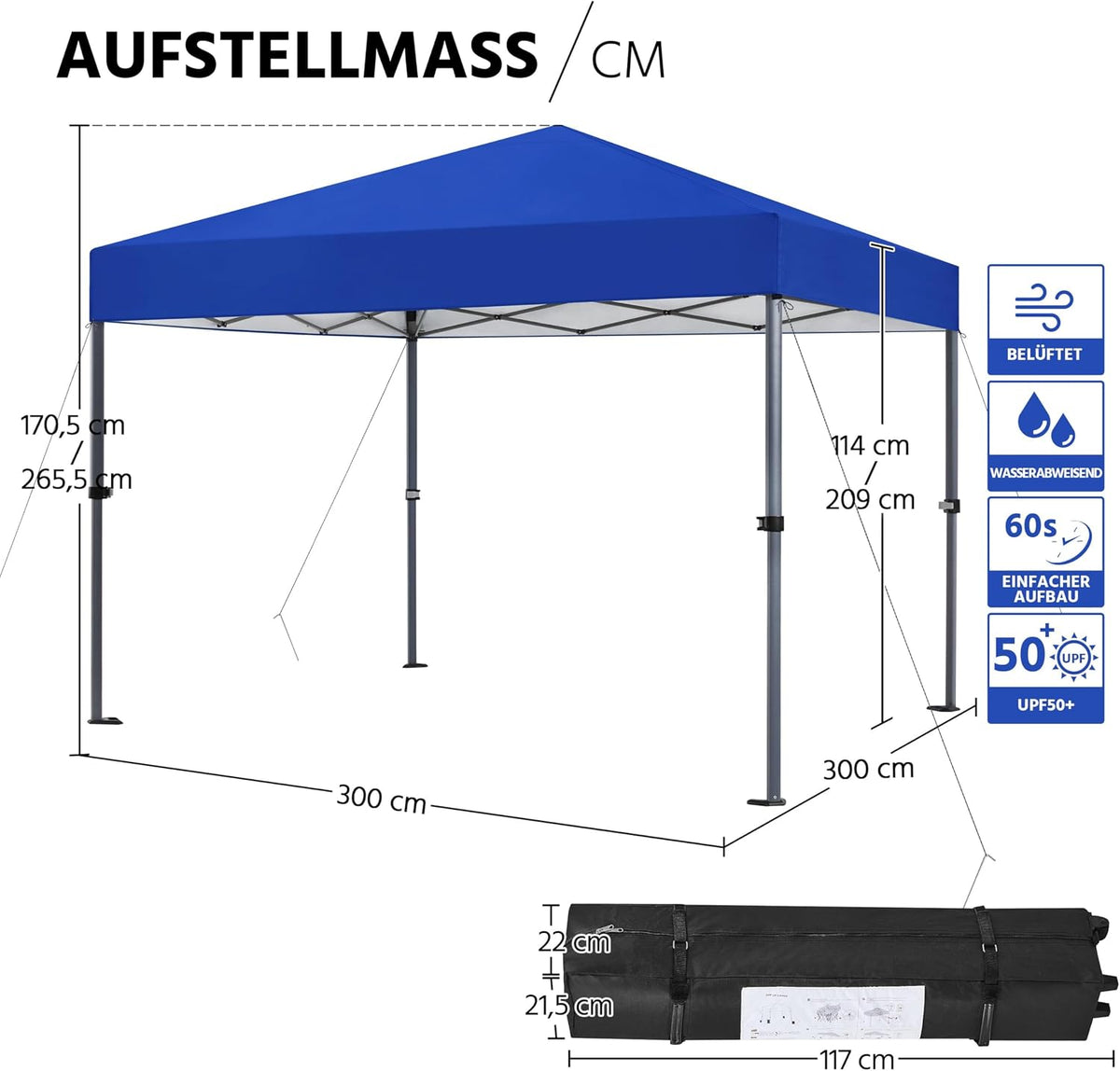 Yaheetech Pop-up Vouwpaviljoen 3 × 3 m In Hoogte Verstelbaar 170,5–265,5 cm Blauw