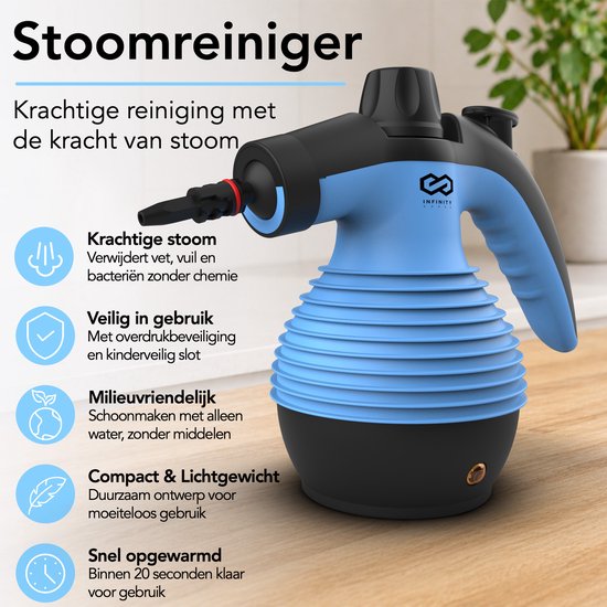Infinity Goods Stoomreiniger - 12-in-1 Handstoomreiniger - Handstomer - Vlekkenreiniger - Tapijtreiniger - 10 Opzetstukken - 1050 Watt - 3.2 Bar - Blauw