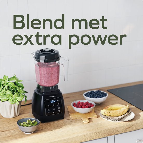 KitchenBrothers 2-in-1 Power Blender - 1600W - BPA-vrij - 2L - Complete Set met Hakmolen en To-go Beker - Smoothie Maker - IJscrusher - Zwart
