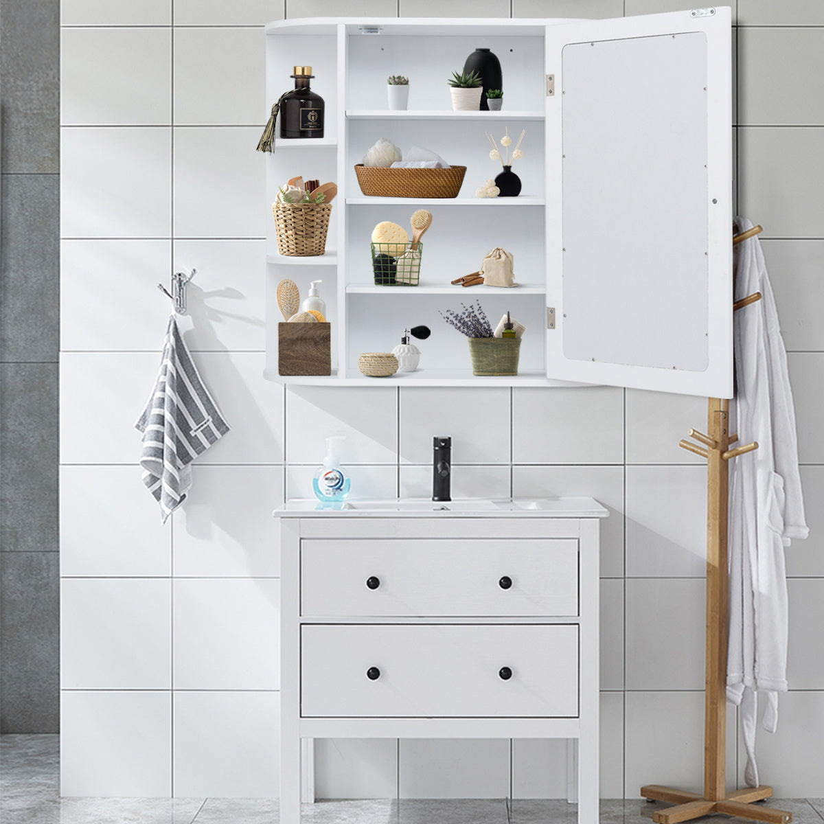 Coast Wandkast – Met Spiegeldeur & Open Planken – 66 x 17 x 62 cm – Wit