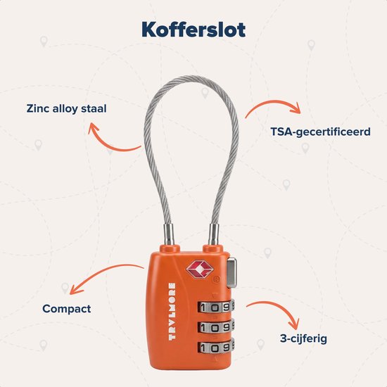 TRVLMORE Kofferslot Lang - TSA Reisslot - Slot - 3 Cijferig Hangslot - 14 cm Kabelslot - 2 Stuks - Cijferslot - Oranje