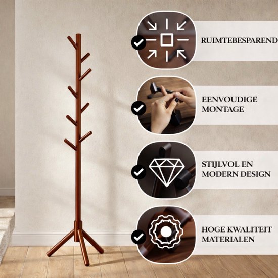 Bayt Kapstok - Staande kapstok - Kapstok Hout - Kapstok Staand - Garderoberek - 8 Haken - 175 cm - Bruin