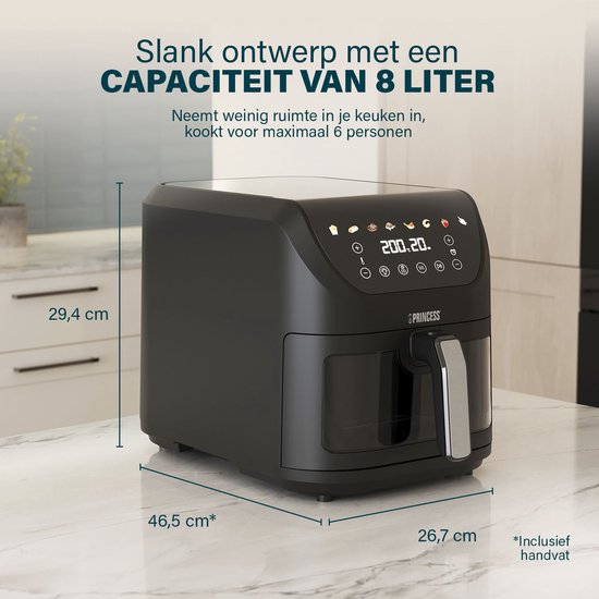 Princess 182257 SlimFry Airfryer - 8 L capaciteit - Doorzichtig kijkvenster - Digitaal touchscreen - 8 voorgeprogrammeerde instellingen - Compact design - 2000 W
