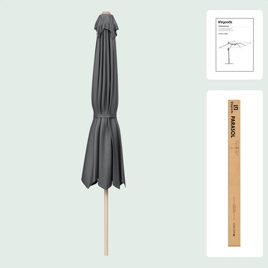 LifeGoods Parasol - Tuin - 270x180cm - 30° Kantelbaar - Waterdicht - UPF50+ - Houtkleurige coating - Donkergrijs