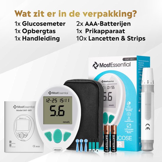 MostEssential Premium Glucosemeter Startpakket - Bloedsuikermeter - Bloedglucosemeter - Diabetes Meter - Alles in één set - Inclusief Opbergtas, Prikpen, 10 Teststrips & 10 Lancetten