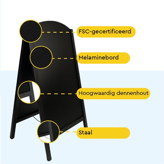 BRASQ Krijtstoepbord Elegance Zwart - 70x130 CM - Krijtbord - Reclamebord - Stoepbord - Dubbelzijdig - voor Binnen en Buiten - Horeca