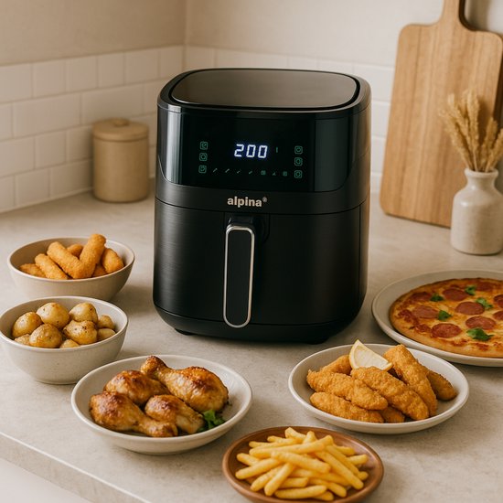 alpina Airfryer XL - Heteluchtfriteuse 6L - Air Fryer 2 tot 5 Personen - Heteluchtoven met Digitaal Touchscreen - Instelbare Temperatuur 80 tot 200 Graden - Timer Functie - 8 Kookprogramma's