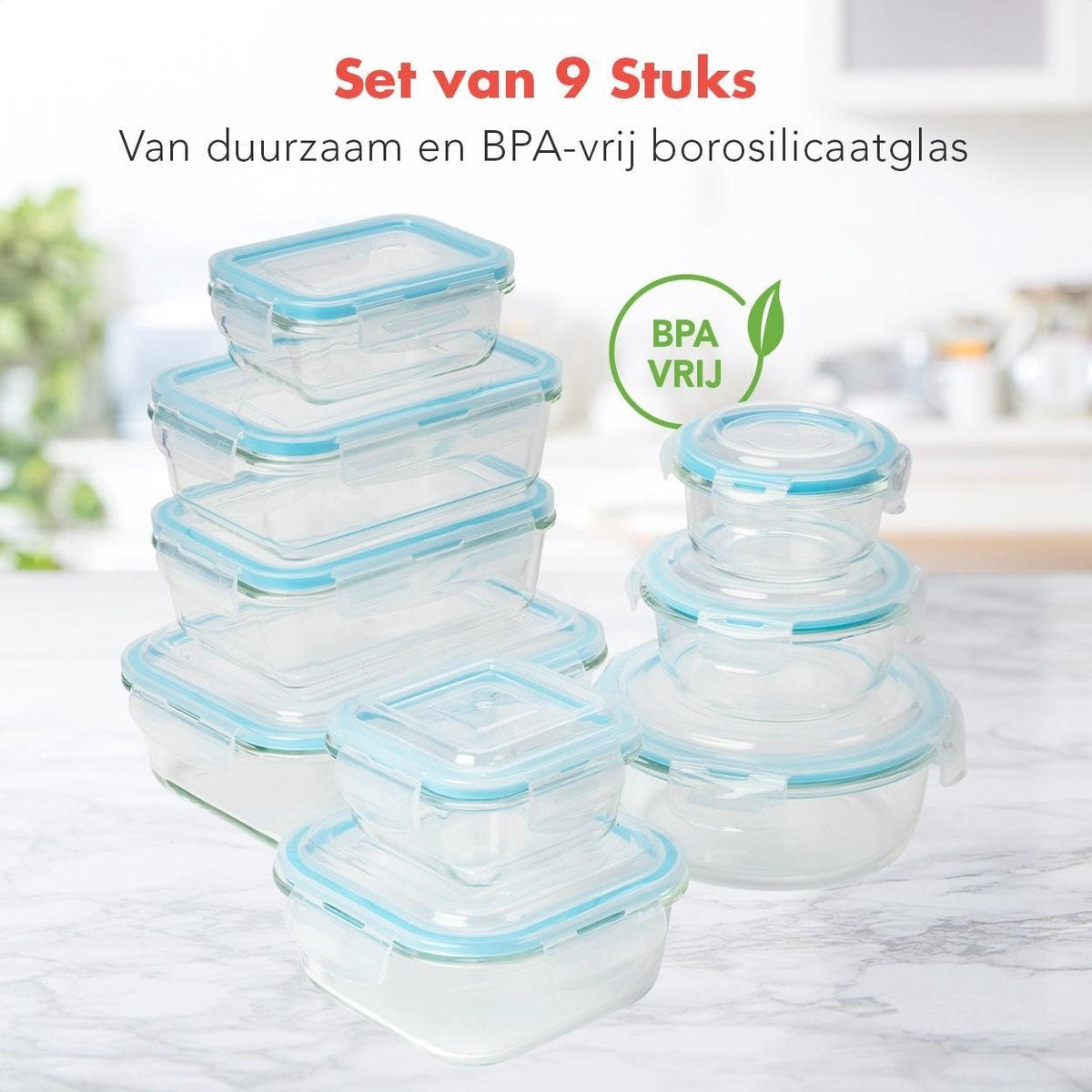 KitchenBrothers Meal Prep Bakjes - Vershoudbakjes Set - Luchtdicht - BPA Vrij - Glas - 9 Stuks