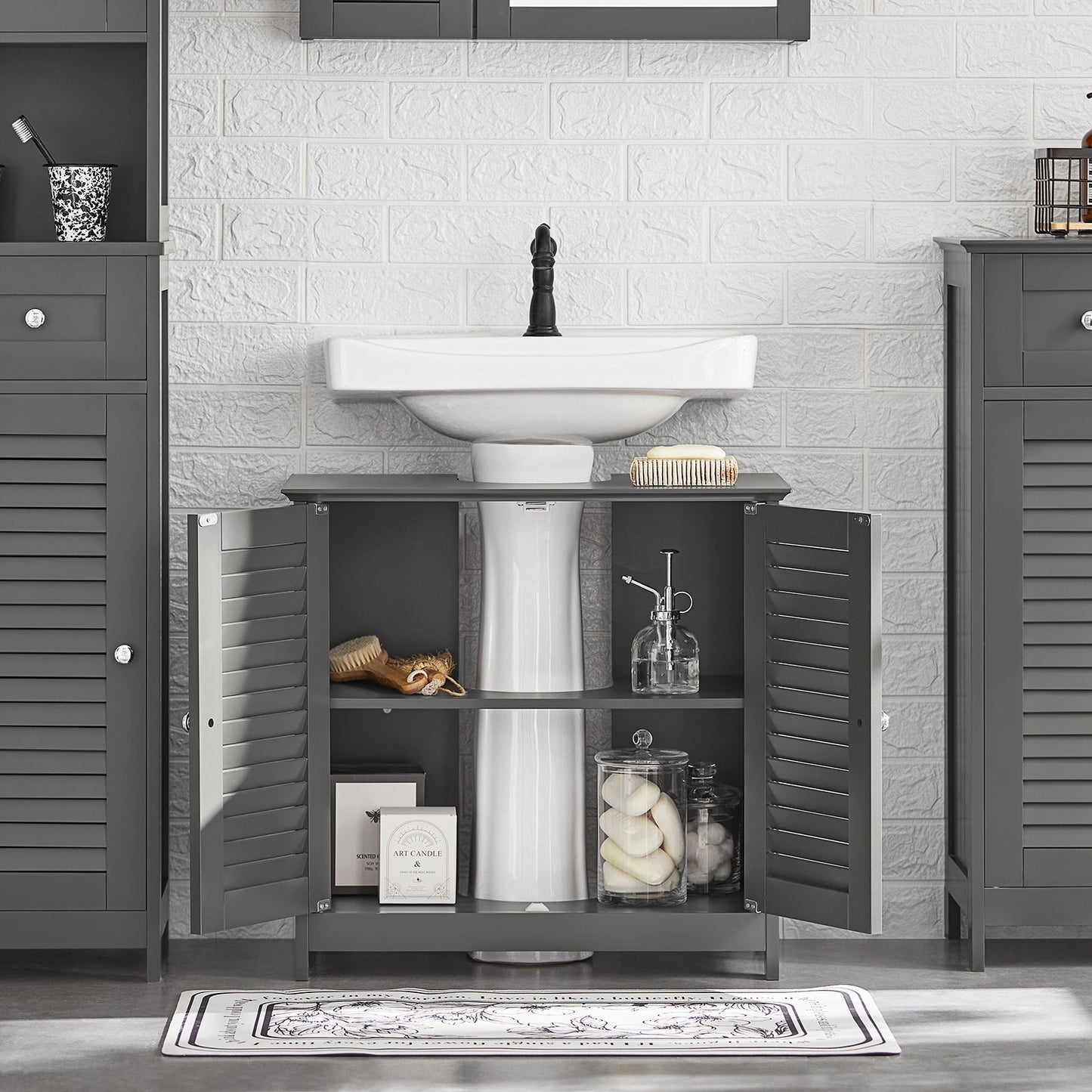 SoBuy Wastafelmeubel - 2 Deuren En 2 Laags - Grijs - 60x35x58cm
