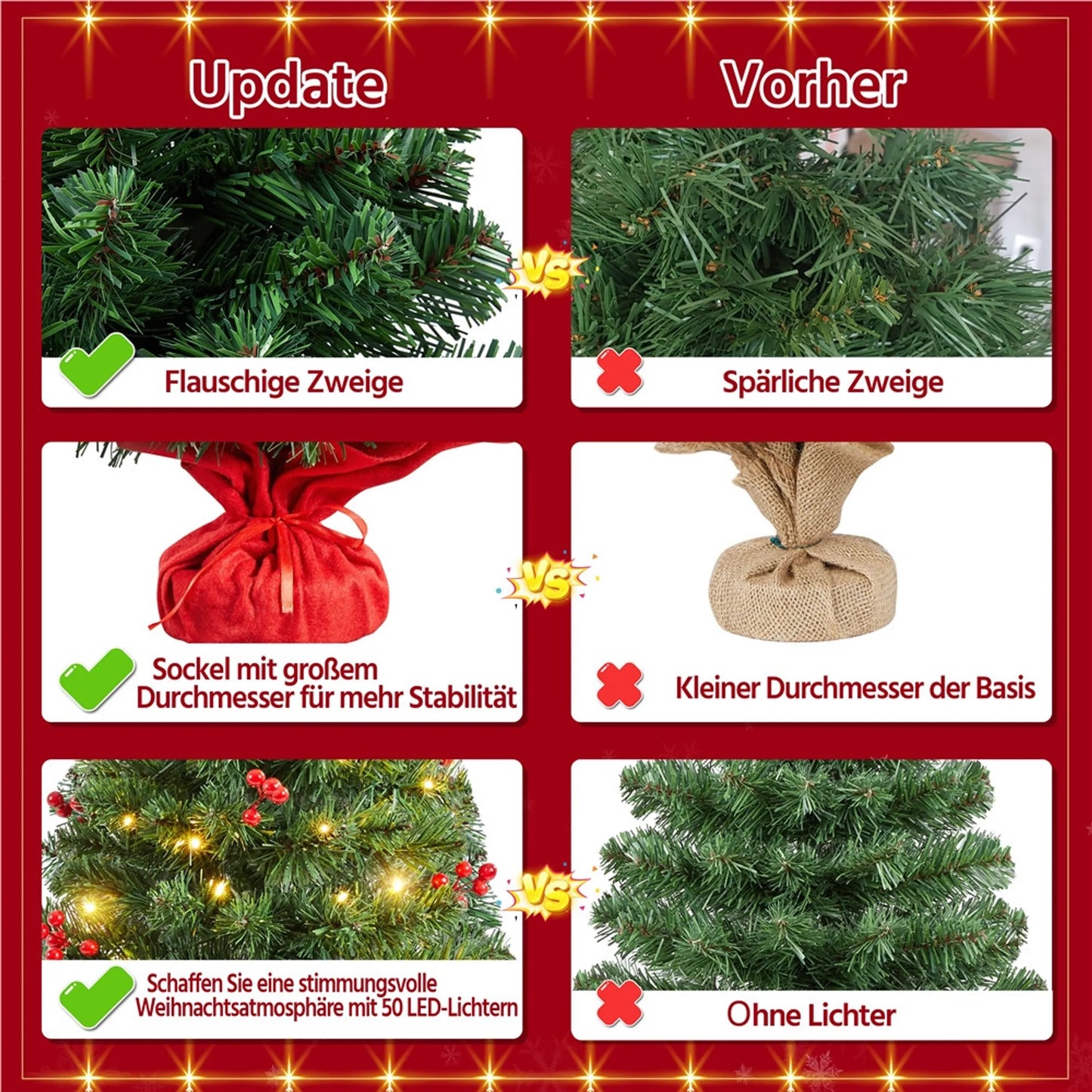 Yaheetech Tafelkerstboom Met Verlichting – 48 x 48 x 90 cm – Voorzien Van 50 LED-Lampjes En 60 Rode Bessen En Betonnen Voet Met Rode Doek – Voor Dressoir En Kantoor – Groen PVC En Beton