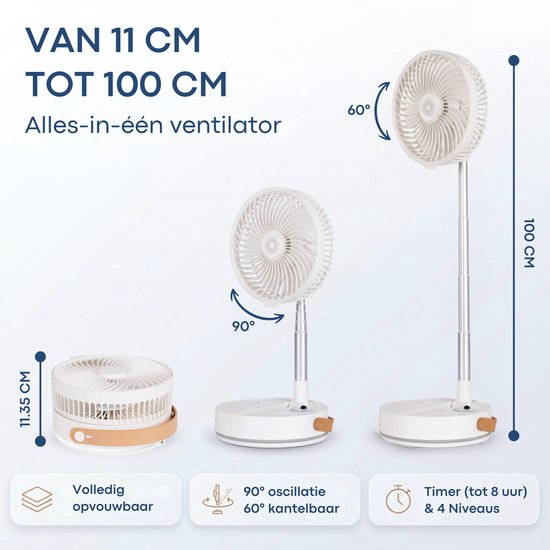 Aironex Opvouwbare Draagbare Ventilator – Stille Tafelventilator & Staande Ventilator – USB Oplaadbaar en Draadloos met LED-licht – Compacte Mini Ventilator voor Bureau, Slaapkamer, Thuis, Kantoor & Camping - Ventilatoren