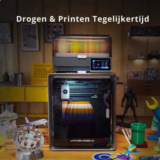 Anycubic Kobra S1 Combo 3D Printer – CoreXY Systeem – Automatische Bed Leveling – 600 mm/s Printsnelheid – Multi-Color Filament Systeem – PEI Flexibel Printbed – WiFi & App Bediening – Direct Printklaar