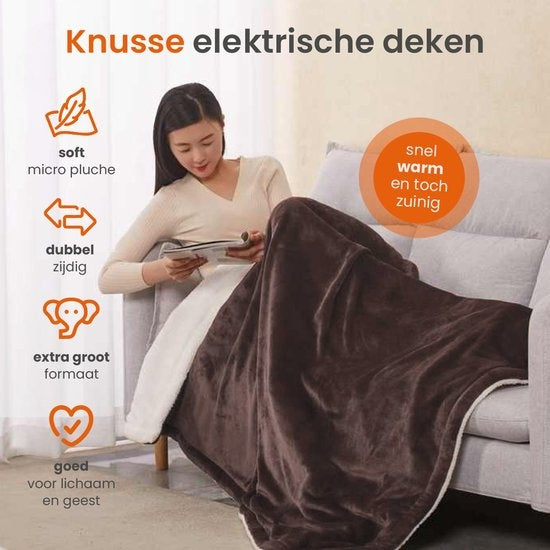 Goliving Elektrische Fleece Plaid - Warmtedeken - Verwarmende Fleecedeken - Elektrische Deken - 3 Warmtestanden - Machinewasbaar - 120 Watt - 2.5 Meter Snoer - Sherpa Flanel - 160 x 120 cm - Bruin