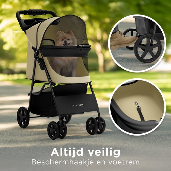 TrevoPet® Inklapbare Hondenbuggy - Voor Kleine en Middelgrote Honden tot 15 kg - Wandelwagen met Bekerhouder & Grote Opbergmand - Beige