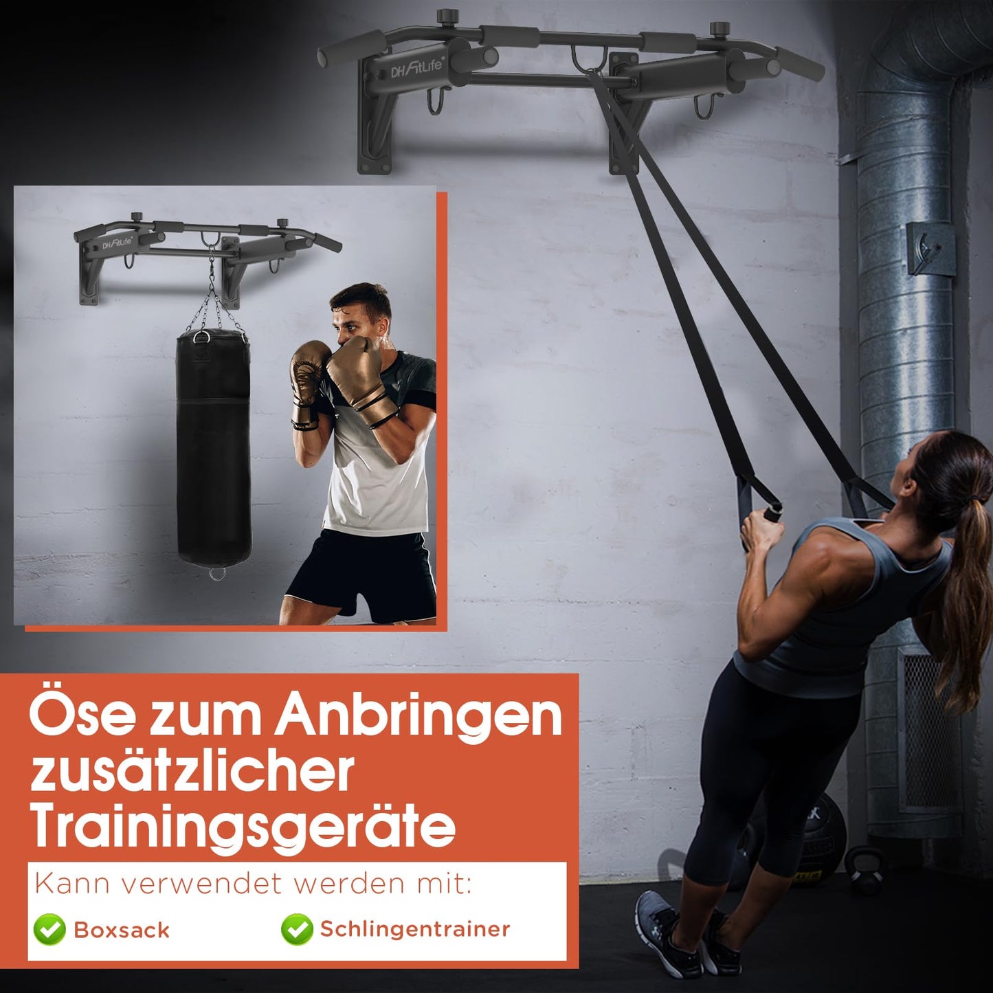 DH FitLife Optrekstang - 4-in-1 - Wandmontage - 200kg - 100x26cm - Zwart