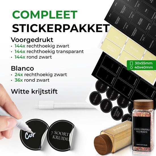 Soothe 24 Glazen Kruidenpotjes Vierkant met Acacia Deksel – 2 Soorten Strooideksels – Kruidenstrooier – Spice Jars – Complete Set incl Kruiden Stickers, Krijtstift en Accessoires – 120ml