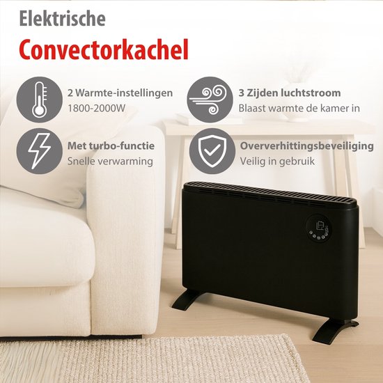 alpina Elektrische Kachel 2000W - Electrische Verwarming Convectorkachel - Heater met Instelbare Thermostaat en 3 Warmtestanden - Vrijstaand of Wandmontage - Zwart