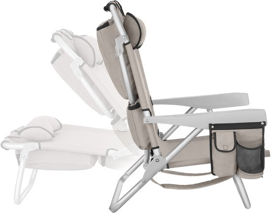 tectake® Strandstoel Coral - Opvouwbare Campingstoel met Koeltas en Opbergtas - 5-voudig Verstelbare Rugleuning met Hoofdkussen - Brede Armleuningen met Bekerhouder / Telefoonhouder - Inklapbare Kampeerstoel - Beige