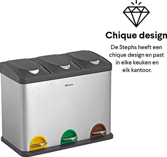 Homra Stephs Prullenbak Afvalscheiding 45 Liter - RVS Prullenbak 3 vakken - Trio Prullenbak 3 X 15 Liter - Pedaalemmer - Vuilnisbak voor huishouden en kantoor - Recycle Vuilbak keuken Afvalemmer - Afvalscheidingsprullenbakken