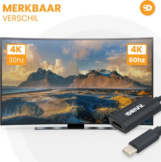 Drivv. USB C naar HDMI Adapter - Ondersteunt 4K 60Hz - Type C to HDMI - Thunderbolt 3 - Zwart