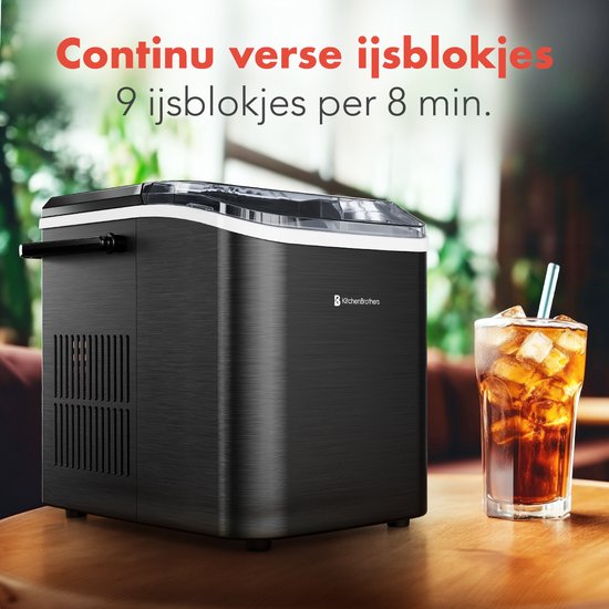 KitchenBrothers IJsblokjesmachine - 1.5L - IJsblokjesmaker - IJsschep – 12kg/24 uur - Draagbaar - Zelfreinigingsfunctie - Gunmetal RVS
