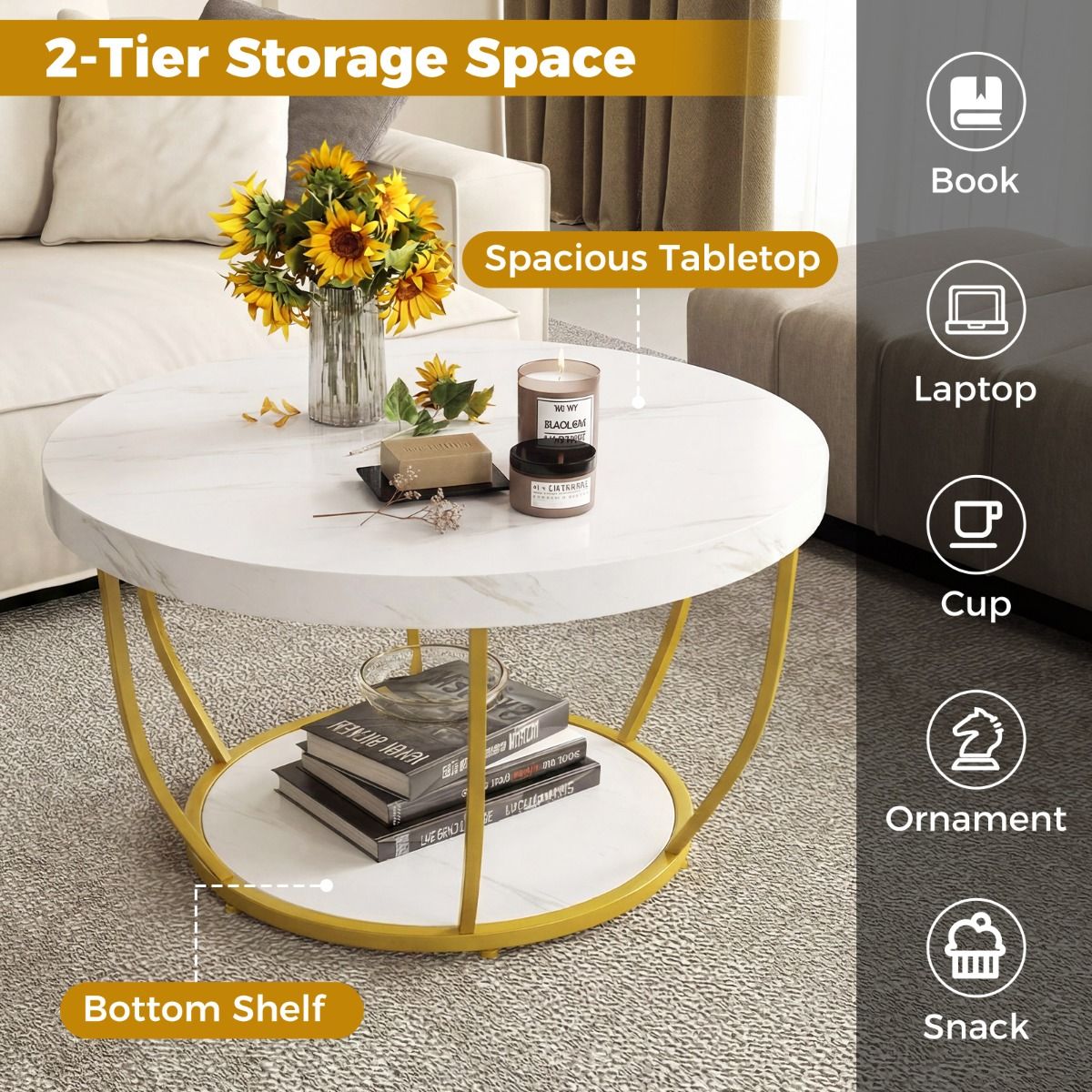 Coast Ronde Salontafel - 2 niveaus - metalen frame - wit - 80 x 45 cm