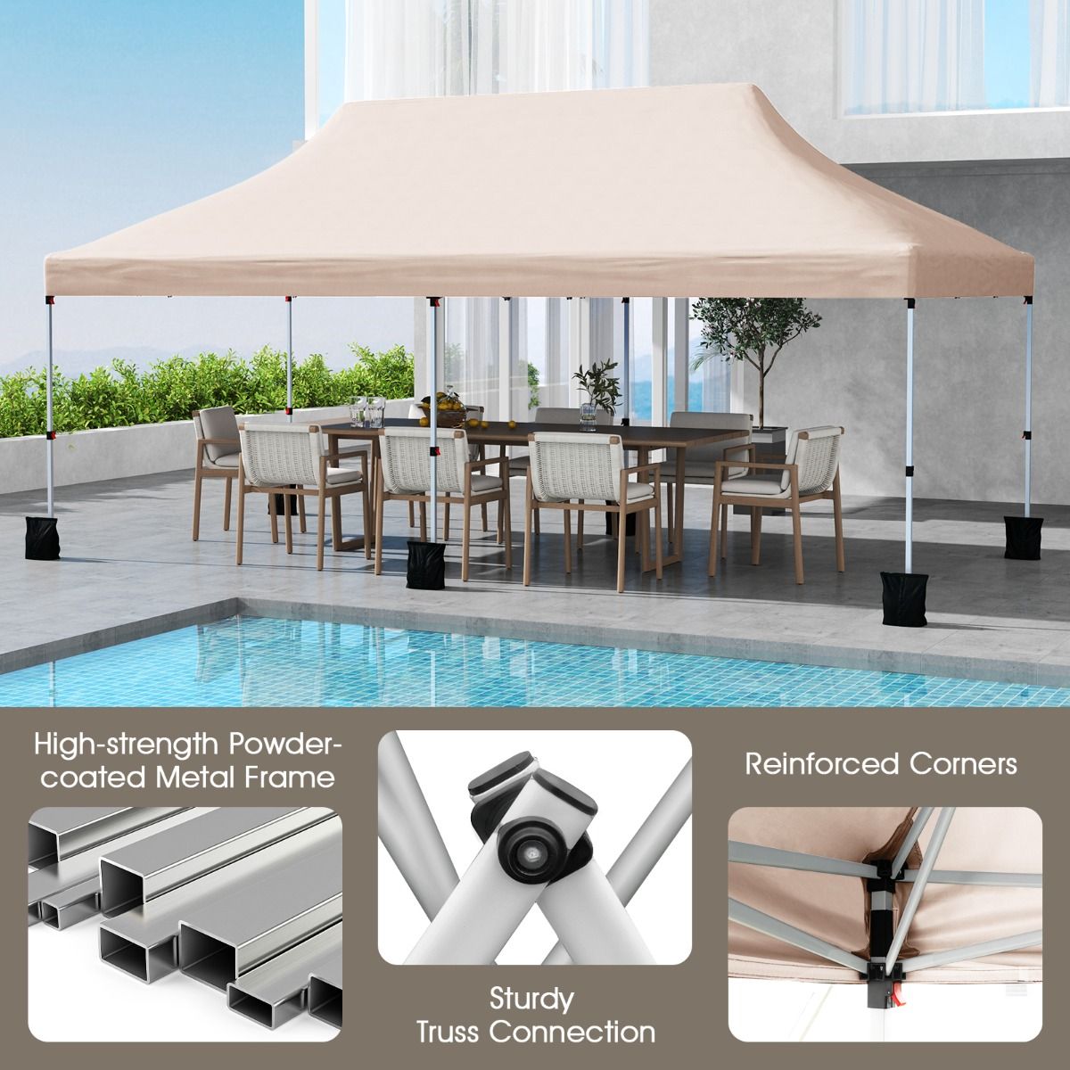 Coast Opvouwbaar Tuinpaviljoen - Waterdichte partytent - Zonwering - 300 x 600 cm - Beige