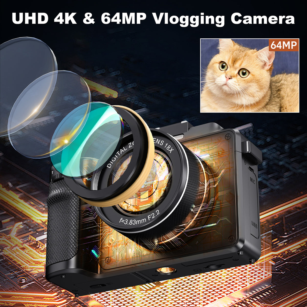 KOMERY X9 digitale 4K-camera - 64 MP - zwart