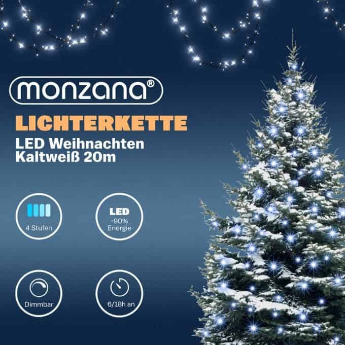 Monzana Lichtsnoer 200 LEDS – Afstandsbediening Timer – Koud Wit