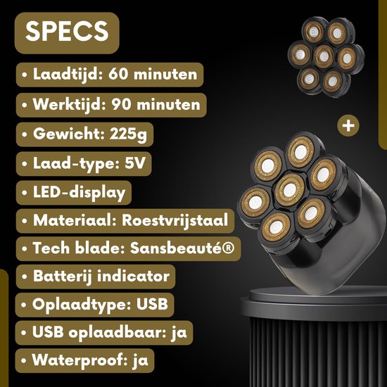6-in-1 Scheerapparaat Mannen + Extra Scheerkop – Trimmer - Tondeuse - Sansbeauté® SkullSharp Classic | 7 Blade - Skull Shaver - Electric Face & Head Shaver - Hoofd Kaal Scheren – Nat & Droog - Elektrisch