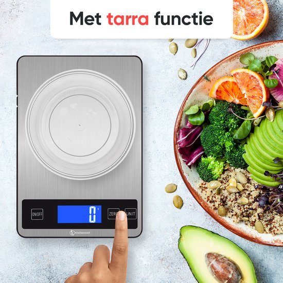 Kitchenwell Digitale Precisie Keukenweegschaal – Weegschaal Keuken - 1gr - 10kg – Tarra Functie - USB Oplaadbaar - Grijs