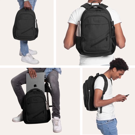 TRVLMORE Rugzak met Levenslange - Rugtas met 15,6 Inch Laptopvak - Schooltas - Spatwaterdicht - Heren en Dames - Jongens en Meisjes - 28L - Zwart