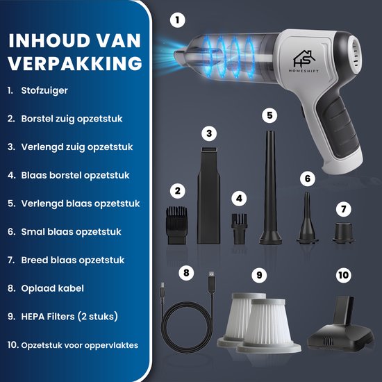 HomeShift® Auto Stofzuiger Draadloos V2 - Kruimelzuiger - Handstofzuiger - Kleine Stofzuiger - Draadloze stofzuiger - Air Duster - Nat & Droog - Grijs