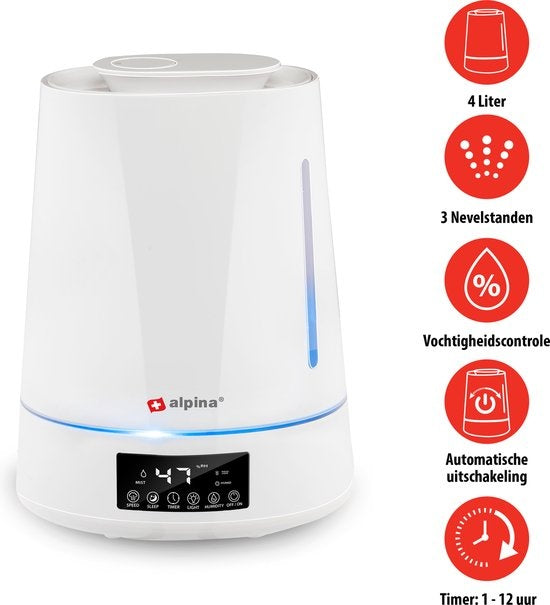 alpina Luchtbevochtiger 4L - Humidifier - Aroma Diffuser met Timer - Afstandsbediening - Wit