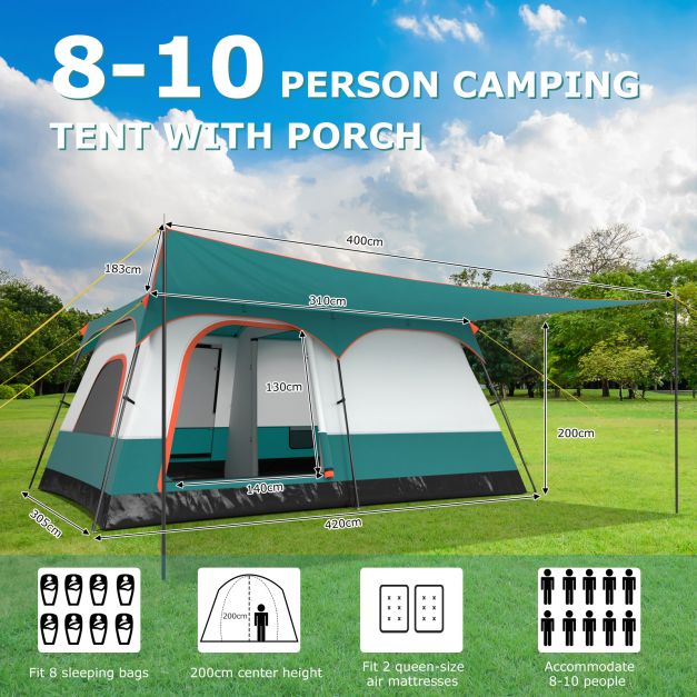 Costway Campingtent – Voor 8-10 Personen – 420 x 305 x 200 cm – Blauw/Groen