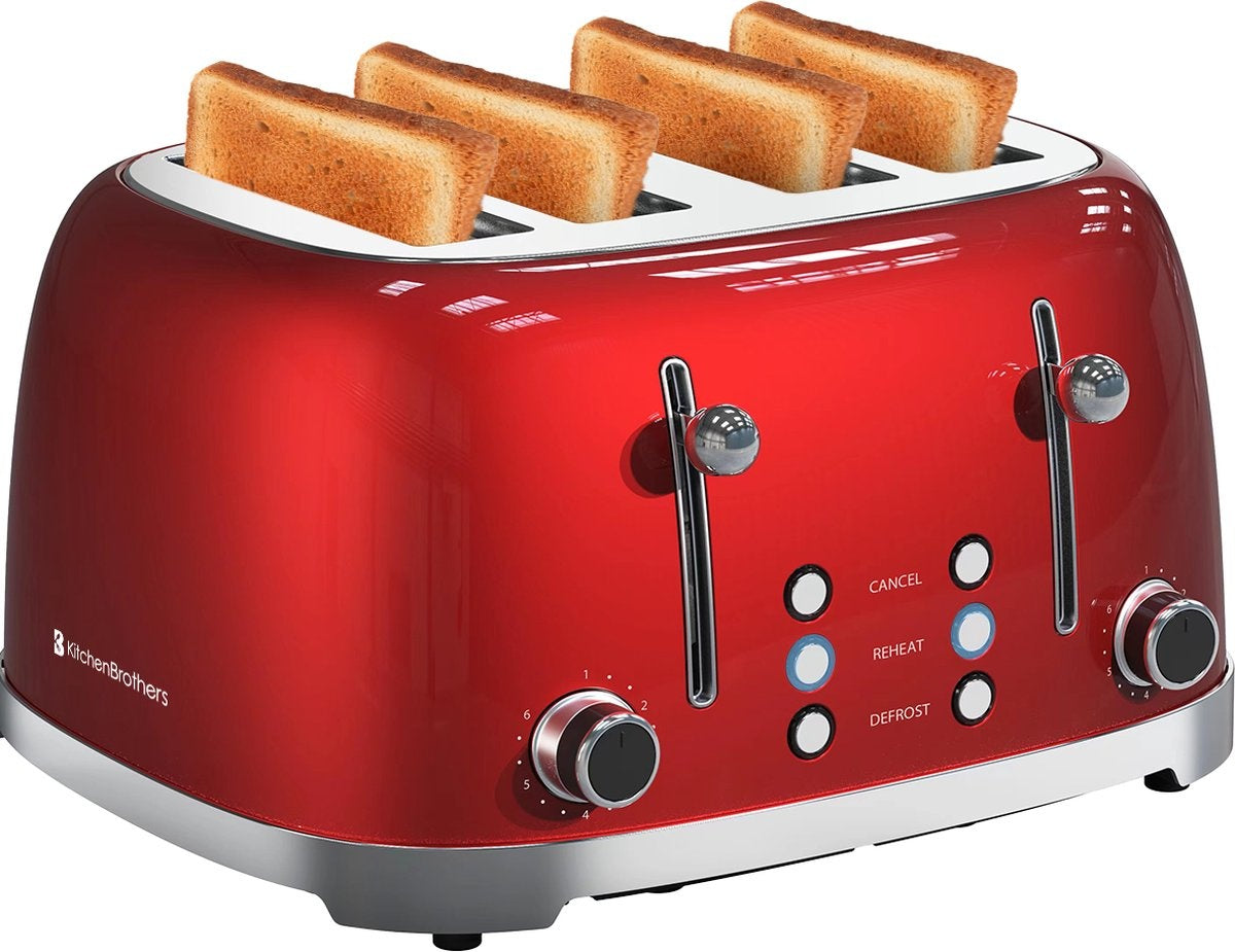 KitchenBrothers Retro Broodrooster - 6 Warmteniveaus - 4 Extra Brede Sleuven - 1630W - Reheat en Ontdooi-functie - Rood