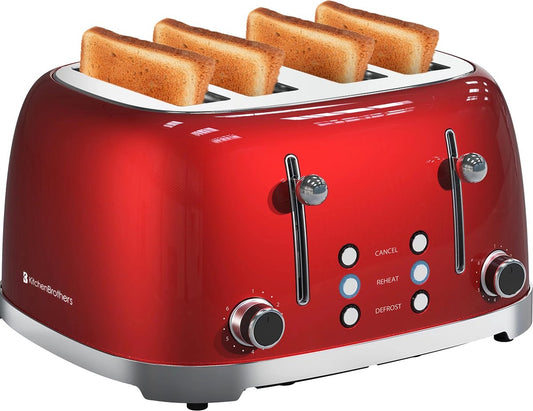 KitchenBrothers Retro Broodrooster - 6 Warmteniveaus - 4 Extra Brede Sleuven - 1630W - Reheat en Ontdooi-functie - Rood