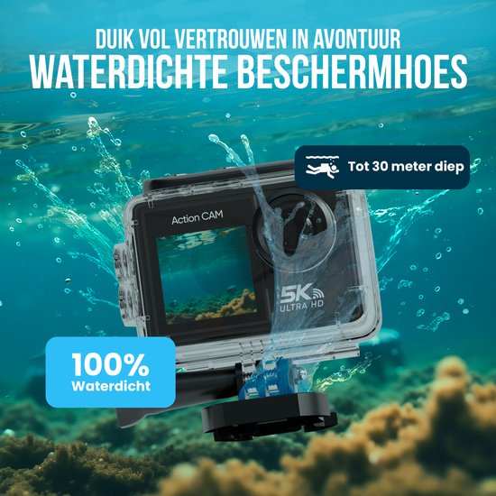 Strex Action Camera 5K 50MP WiFi - Onderwatercamera 30M Waterdicht - Met Touchscreen en Microfoon - Inclusief Accessoires - Actie Camera 60FPS