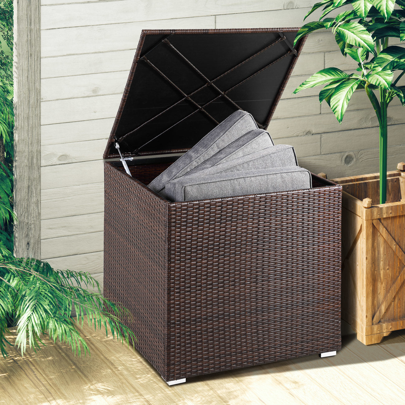 Casaria Poly Rattan Opbergdoos - bruin - 75x75x70 cm - met waterafstotende zak