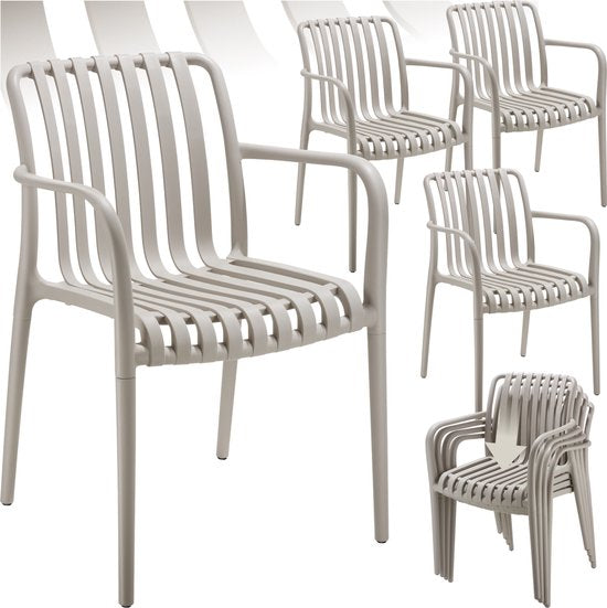 tectake® Set van 4 Tuinstoelen Alcudia - Taupe - Kunststof Stoelen met Armleuning- Stapelbaar - Stoelen voor Tuin, Terras of Balkon - Weerbestendig en UV-bestendig - Draagkracht 120kg per Tuinstoel