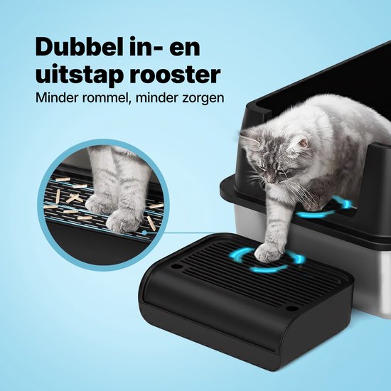 Jake en Jacky RVS Kattenbak - Kattentoilet Roestvrijstaal - Incl. Kattenbakschep met Houder en Gritopvang Opstapje - 2 in 1 Open Kattenbak met Afneembare Deksel - 60x40x38cm - Zwart