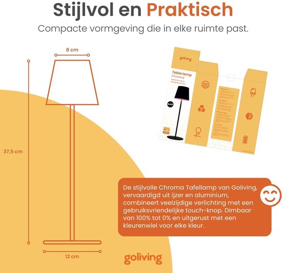 Goliving Chroma Tafellamp Oplaadbaar – Draadloos en Dimbaar – Touch Lamp – Nachtlamp Slaapkamer & Woonkamer – RGBW – 37,5 cm – Zwart