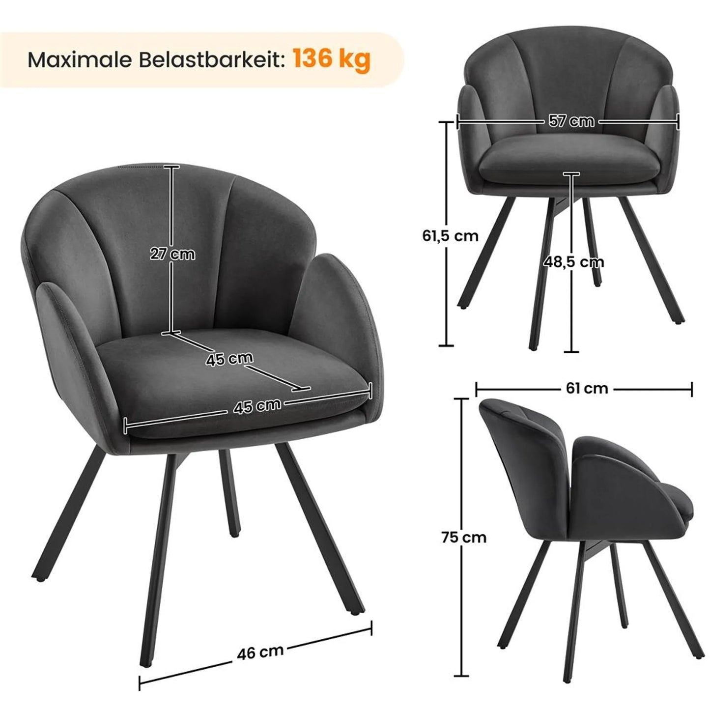 Yaheetech Draaistoel Bloemvormig – Voorzien Van 360° Draaimechanisme En Verwijderbaar Zitkussen En X-Vormige Metalen Voet – Voor Slaapkamer En Thuiskantoor – Zwart Bouclé En Metaal – 57 x 61 x 75 cm