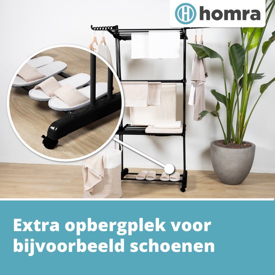 Homra Inklapbaar Wasrek - met Wieltjes - 45m Droogruimte - 77x50x170 CM - Zwart