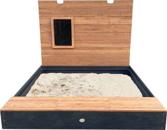 AXI Mandy Zandbak XXL met Opbergruimte en Deksel - Met Bankje en Krijtbord - Inclusief Gronddoek - 160 x 151 cm - Antraciet/Bruin