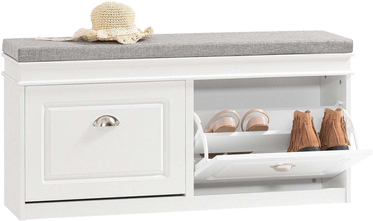 SoBuy Schoenenkast met 2 Kleppen en Zitkussen – Schoenenrek en Zitbank voor Hal of Entree – Wit – 104x52x24 cm