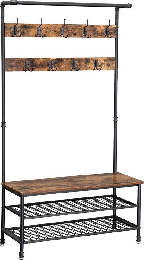 O'DADDY® kapstok staand - kapstok met schoenenrek - 23 haken 2 laags schoenenrek 10 paar - garderoberek - 100 x 41,5 x 182 cm - bruin