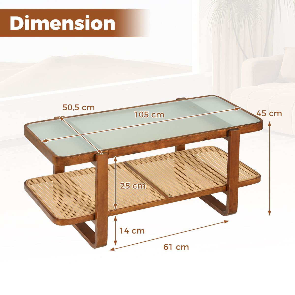 Coast Salontafel - dubbel-laags ontwerp - veiligheidsglas en riet - walnoot - 105 x 50,5 x 45 cm