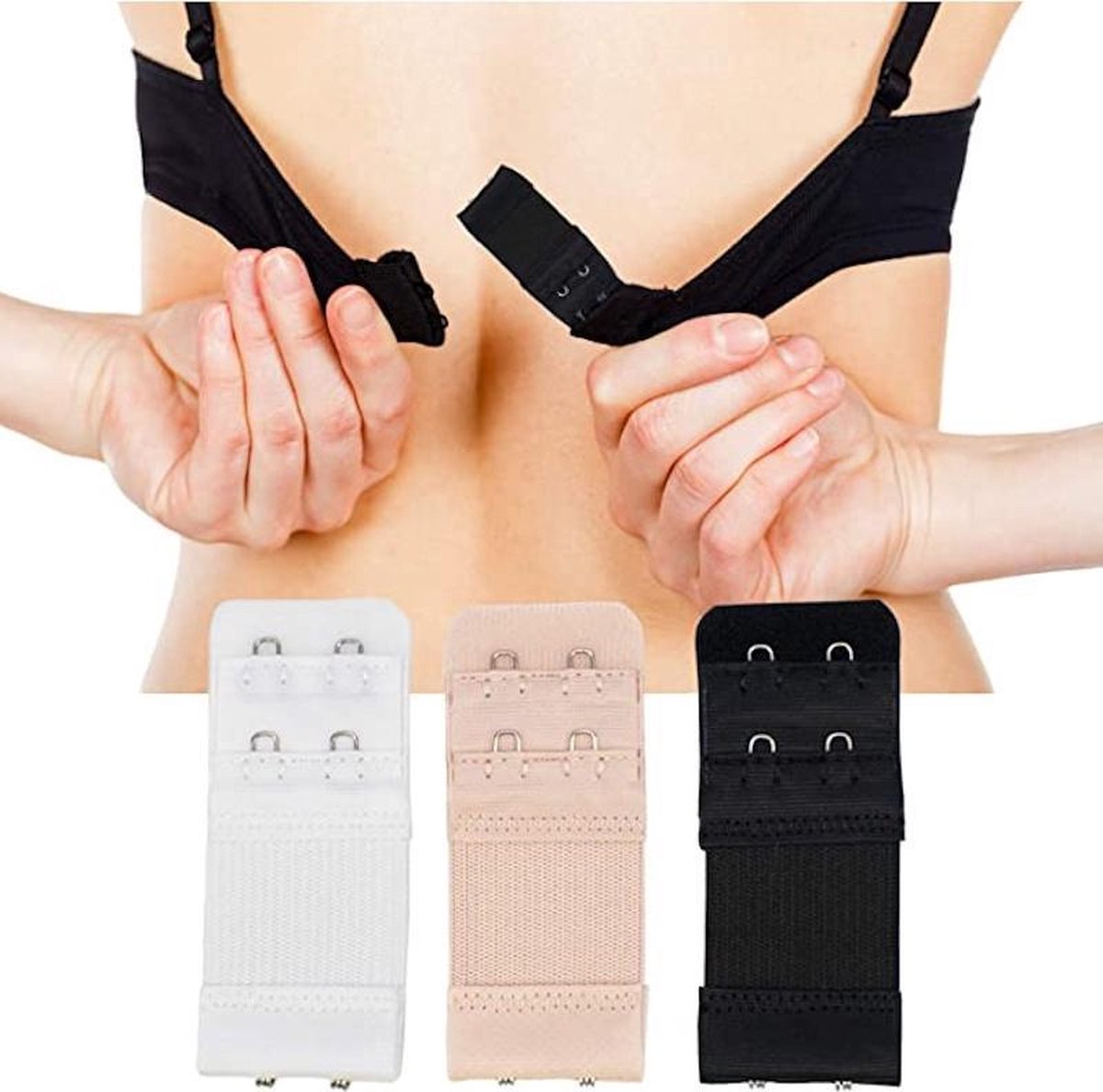 BH Verlengstuk 2 Haakjes 3-Pack Elastisch Zwart 3,3 × 8 cm