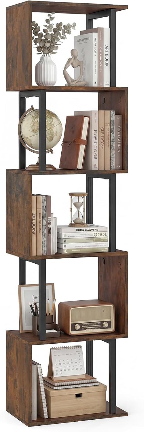Coast Boekenrek - 5 planken - geometrisch design - zwart/rustiek bruin - 38 x 23 x 147 cm